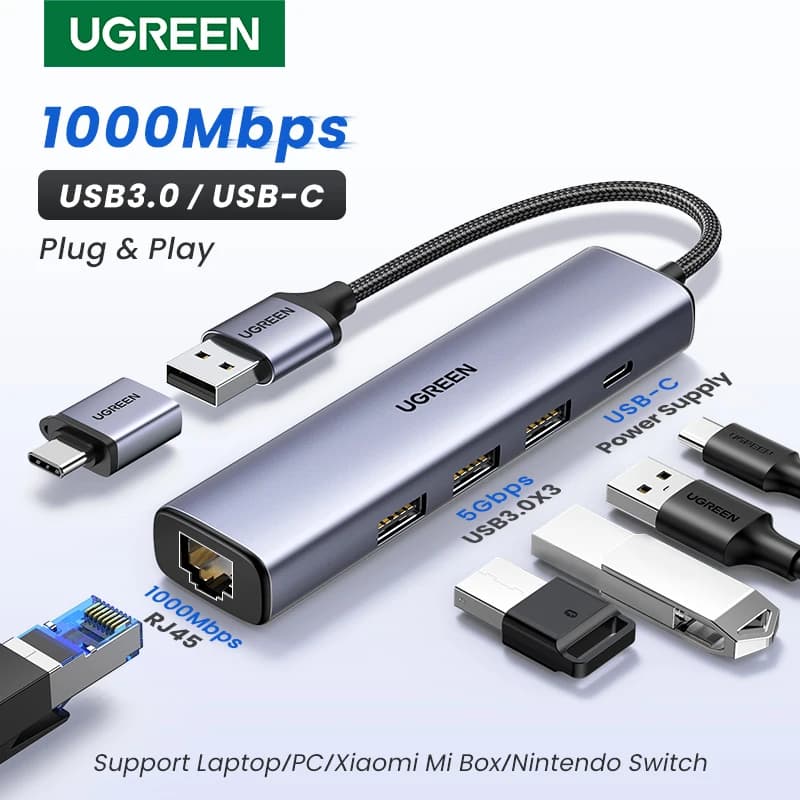 UGREEN USB Ethernet Adaptador 1000/100Mbps USB3.0/USB2.0 HUB USB a RJ45 USB Lan para Laptop PC Xiaomi Mi Box Nintendo Switch Lenovo Macbook Mac OS Windows Linux USB-C HUB USB-A Tarjeta de Red Gigabit Internet Adaptador