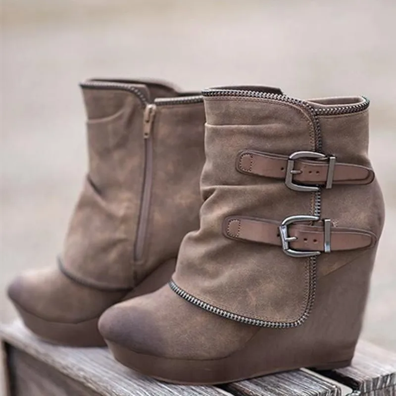2025 nuevas botas de mujer con cremallera, tacones altos para mujer, tacones de cuña a la moda de gamuza, botines Retro duraderos para mujer, botas de cabeza redonda para mujer
