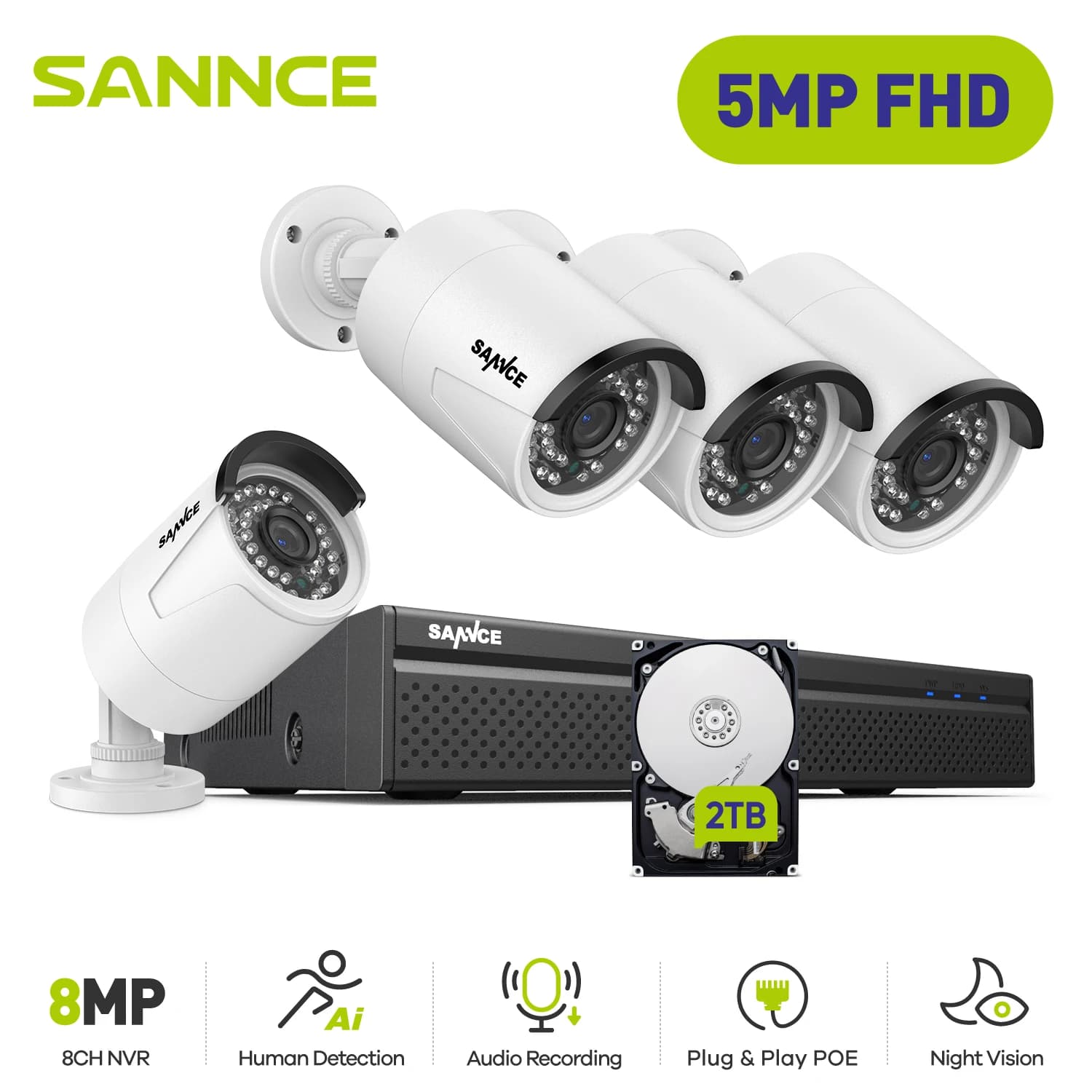 SANNCE-Sistema de videovigilancia de seguridad para exteriores, Kit de cámaras IP de 5MP, POE, 8 canales, 8MP, NVR, CCTV