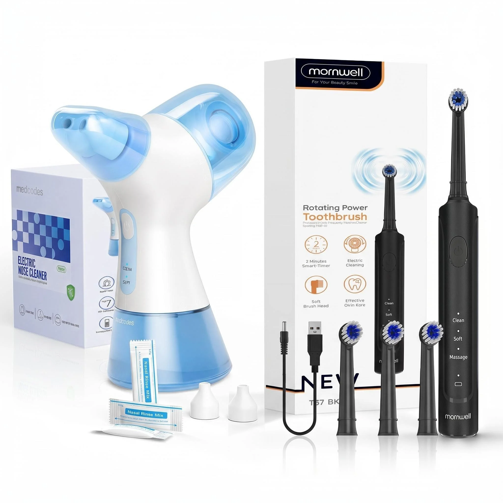 Combo de Irrigador Nasal Eléctrico Autolimpiante y Limpiador Bucal con Función de Recolección Automática de Residuos, Equipado con 30 Unidades de Sal para Senos Nasales