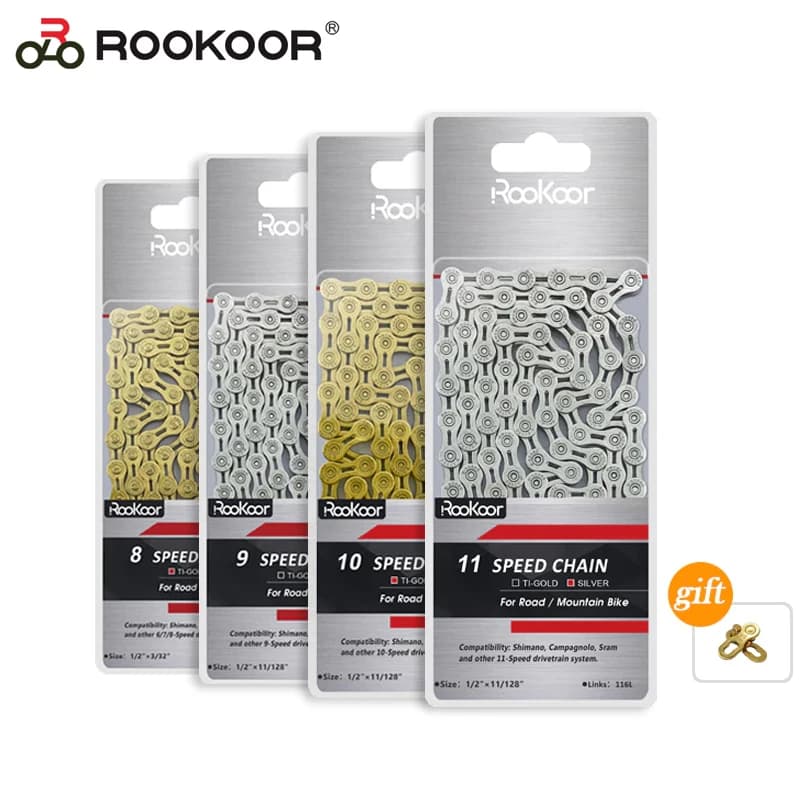 Cadena de bicicleta Rookoor 6 7 8 9 10 11 velocidades Velocidade titanio plateado TI oro plata bicicleta de carretera de montaña cadenas MTB parte 116 eslabones