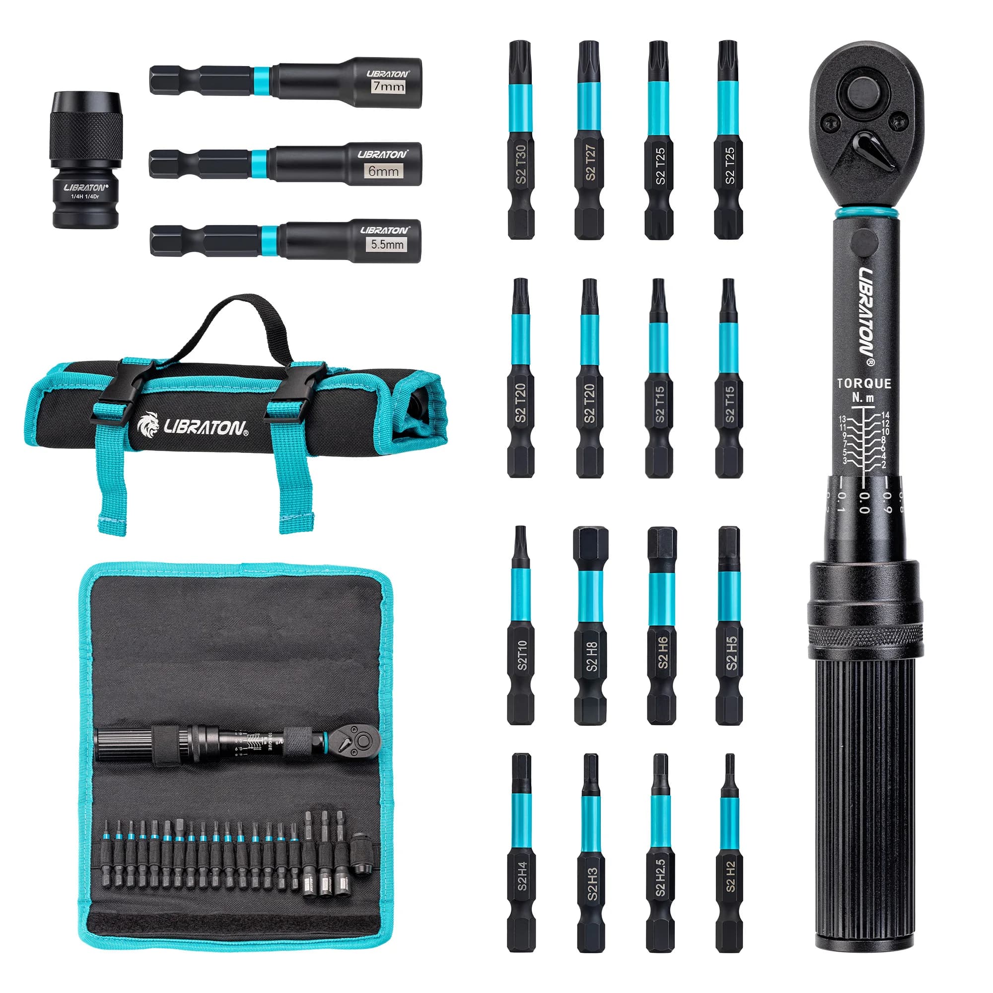 Llave dinamométrica para bicicleta de 1/4 ", 2-14Nm, 21 Uds., juego de llaves dinamométricas para bicicleta, llave de tubo con broca de impacto, Kit de reparación de trinquete para motocicleta y bicicleta