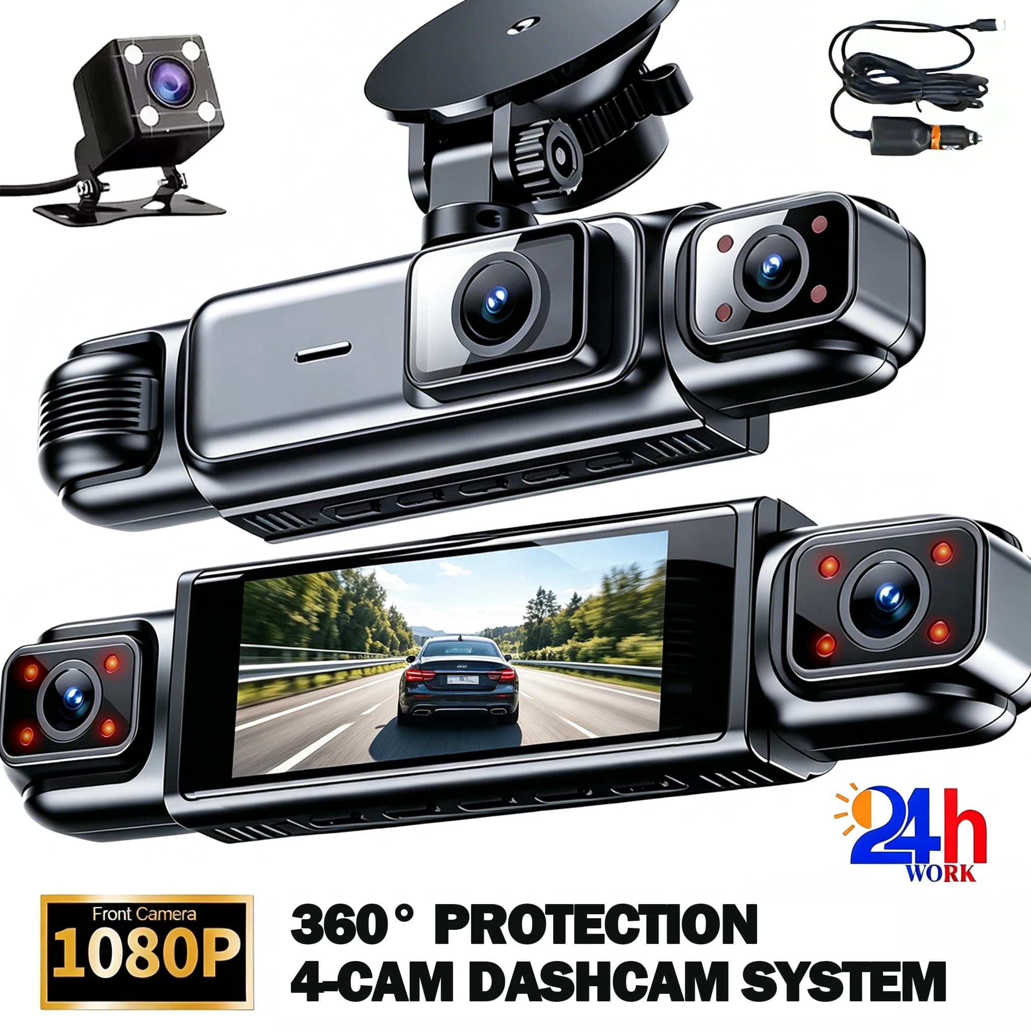 4 Canales 360 °   Cámara para Coche, Grabadora de Vídeo DVR, Caja Negra, FHD 1080P, Visión Nocturna, Grabación en Bucle, Monitor de Estacionamiento 24H