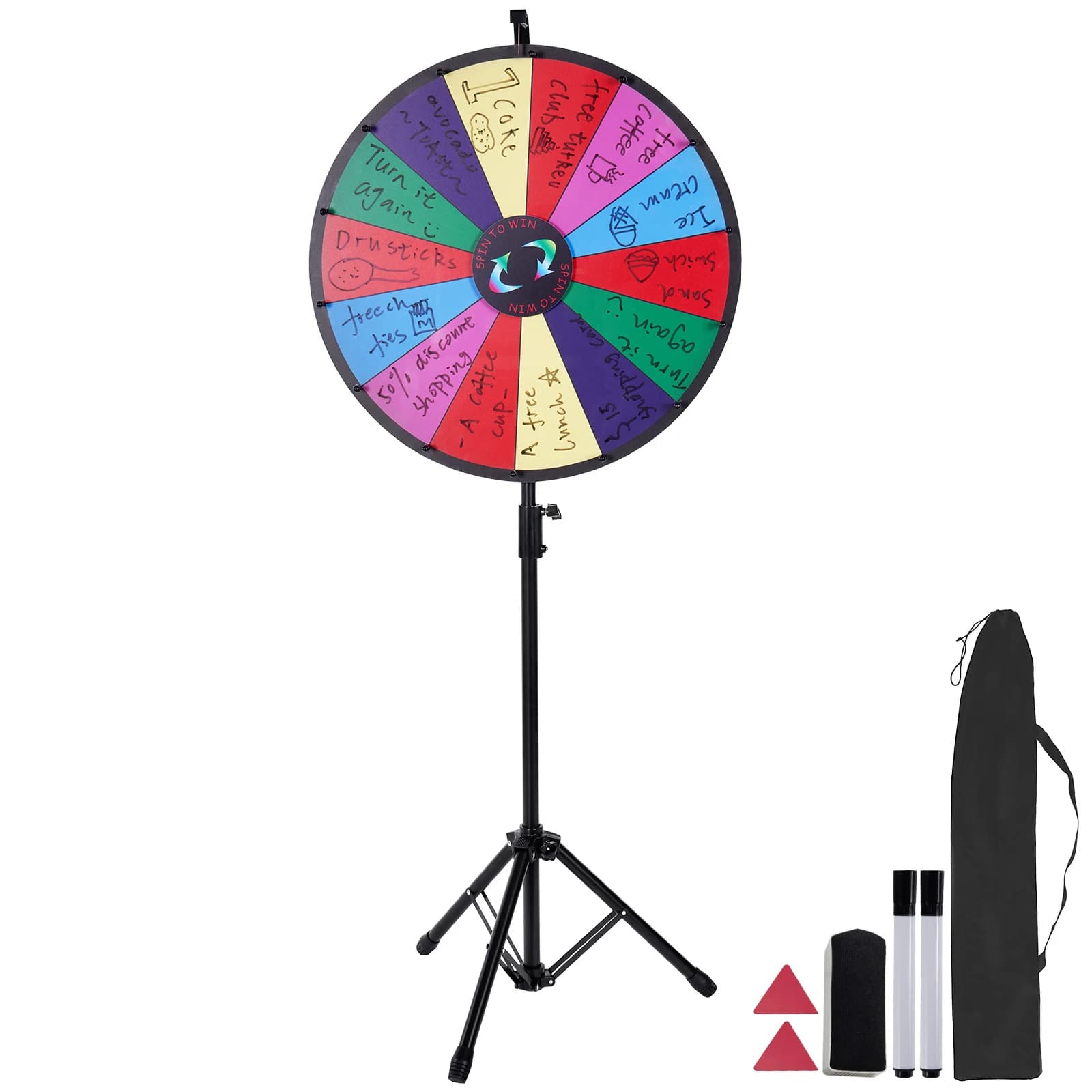SucceBuy Rueda de premio de color de mesa de 18 pulgadas con trípode plegable, soporte de suelo, 14 ranuras, borrado en seco para juego de soporte giratorio Win Fortune