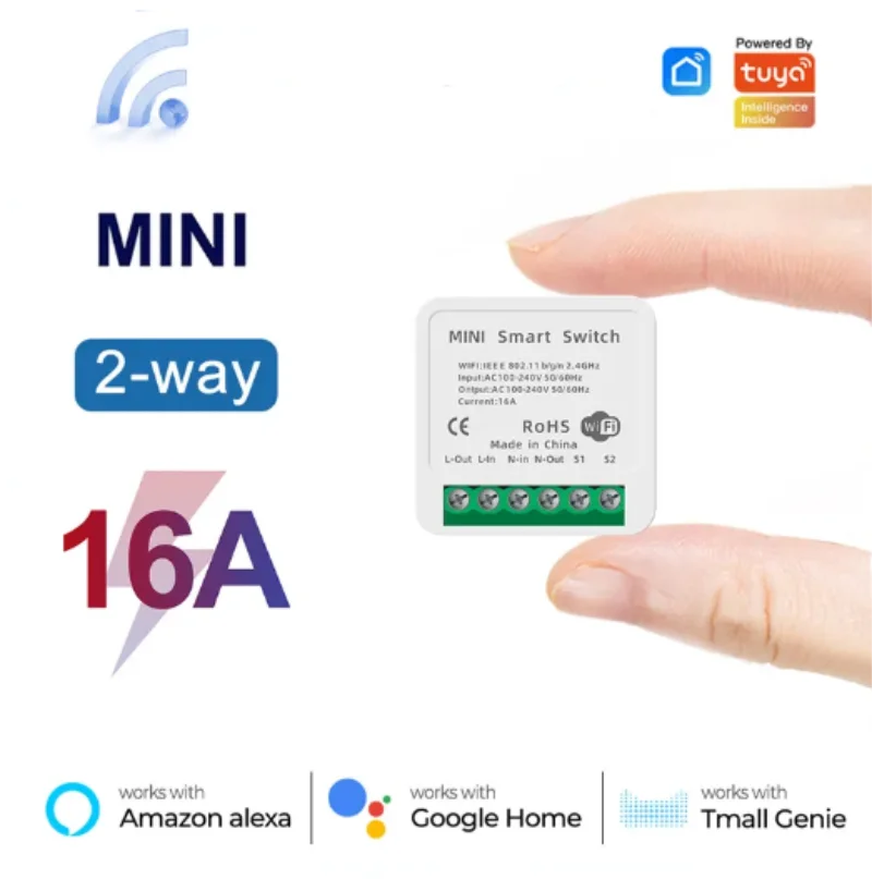 Mini Interruptor WiFi de 16A, Aplicación Smart Life, Control de 2 Vías, Módulo de Automatización del Hogar Inteligente, Compatible con Alexa y Google Home