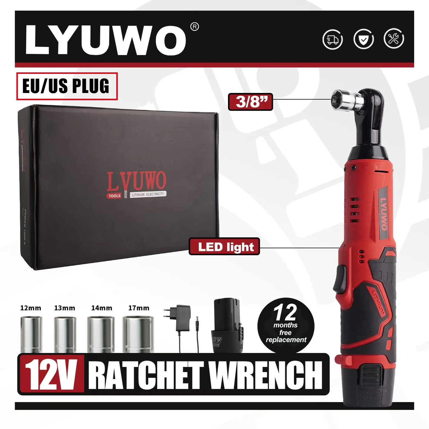 LYUWO-llave eléctrica de ángulo recto inalámbrica, 12V, 45NM, llave de trinquete de 3/8 pulgadas, tuerca de desmontaje, herramienta de mantenimiento de coche con 4 enchufes