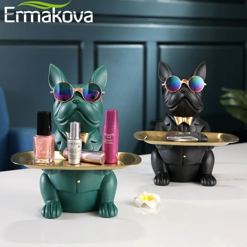 ERMAKOVA-escultura de Bulldog Francés nórdico, estatuilla de perro, estatua, almacenamiento de joyas, Decoración de mesa, regalo con placa, gafas