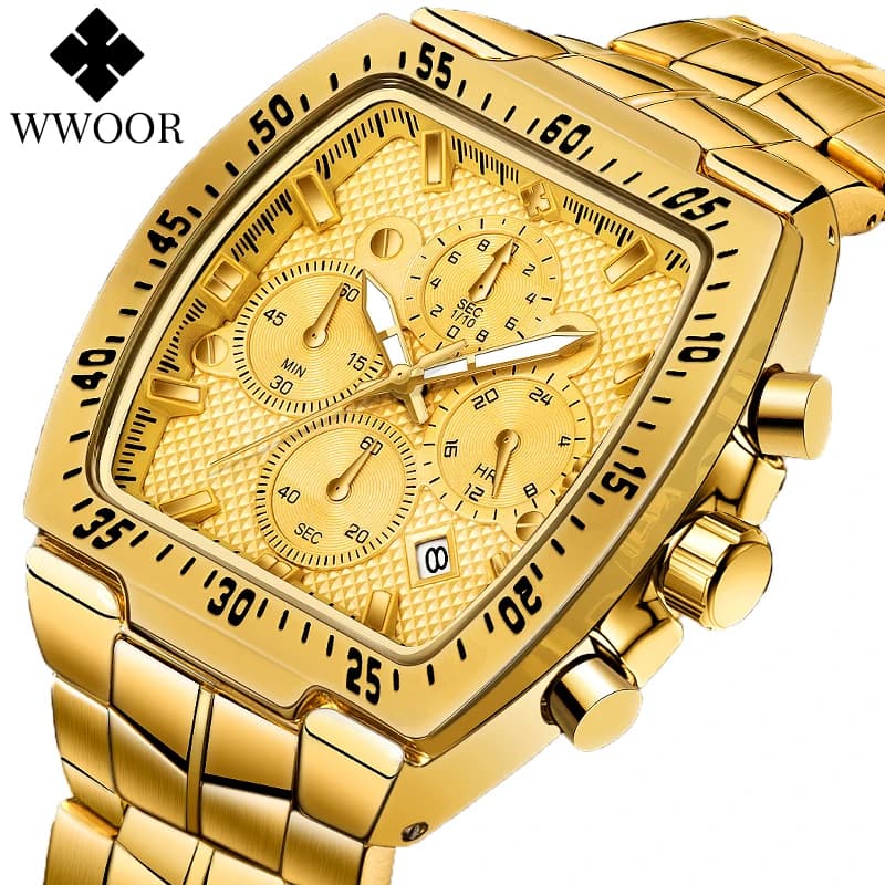 WWOOR-reloj analógico de cuarzo para hombre, nuevo accesorio de pulsera resistente al agua con cronógrafo, complemento Masculino deportivo de marca de lujo con esfera cuadrada dorada, 2024