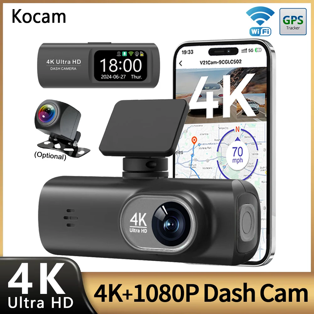 Cámara de salpicadero UHD 4K WiFi grabadora de conducción de doble lente DVR para coche opcional 1080P cámara de lente trasera GPS 24H monitoreo de estacionamiento caja negra