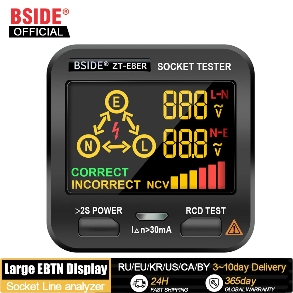 BSIDE. Probador de enchufe, Detector de voltaje inteligente, comprobador de salida, prueba RCD GFCI, NCV, prueba de cable neutro vivo, medidor de enchufe para UE, EE. UU., Reino Unido