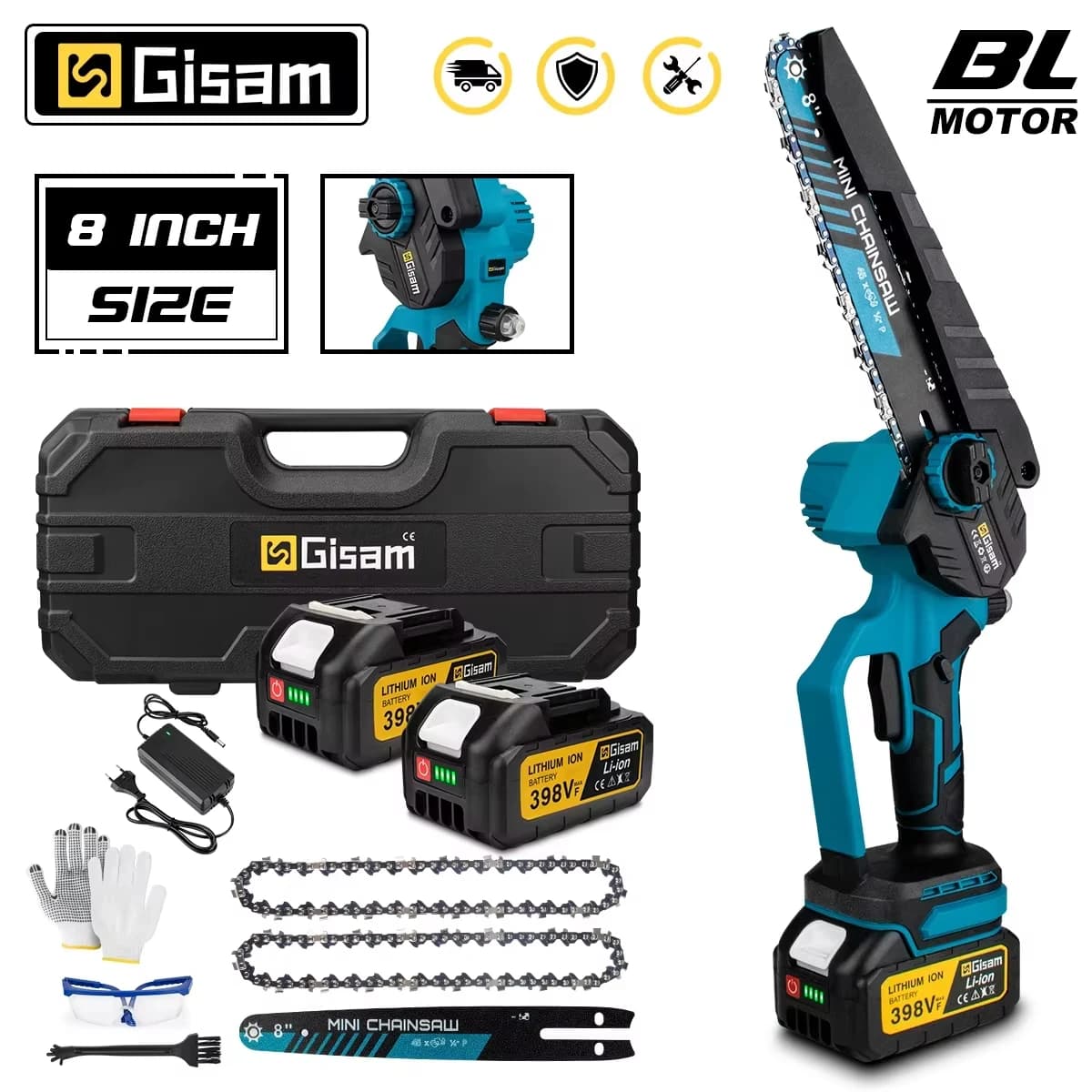 Gismis-motosierra eléctrica sin escobillas de 8 pulgadas, sierra eléctrica inalámbrica para carpintería, herramienta de poda de jardín para pines de batería Makita de 18V