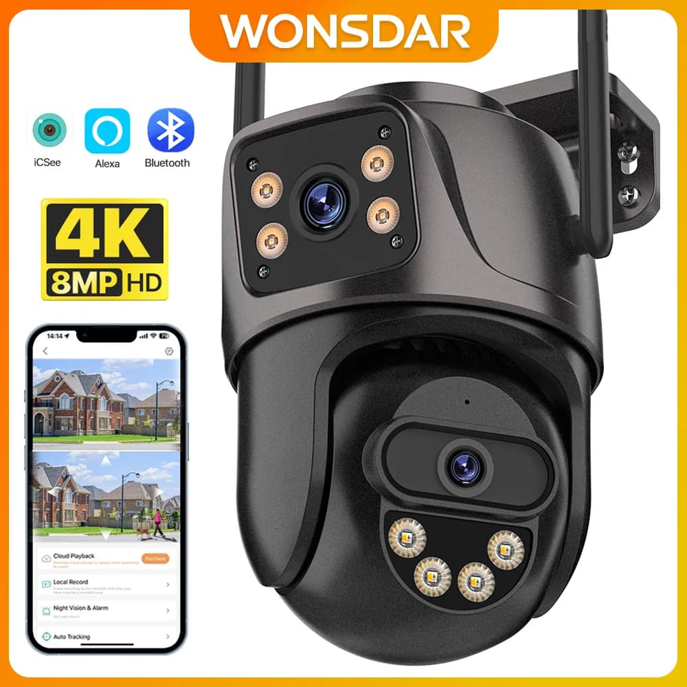 Cámara PTZ WIFI 4K WONSDAR, Doble Lente, Doble Pantalla, Cámara IP para Exteriores, HD, Seguimiento Automático, Protección de Seguridad, Vigilancia CCTV, ICSee