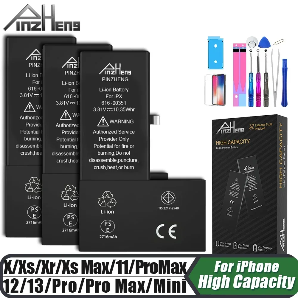 Batería PINZHENG para iPhone X XR XS 11 12 13 Mini Max Pro Promax batería de repuesto Real de alta capacidad garantía de un año