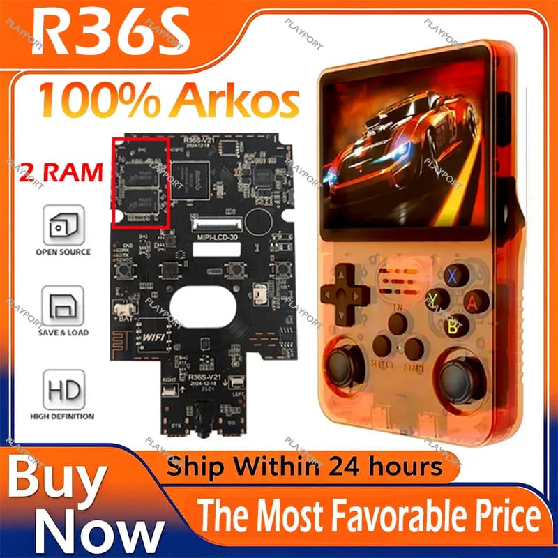 Consola de Juegos Retro Portátil Original R36S, Sistema Arkos, Pantalla IPS de 3.5 Pulgadas, Emulador de Efecto Hall de 64/128 GB, Gamepad Inalámbrico