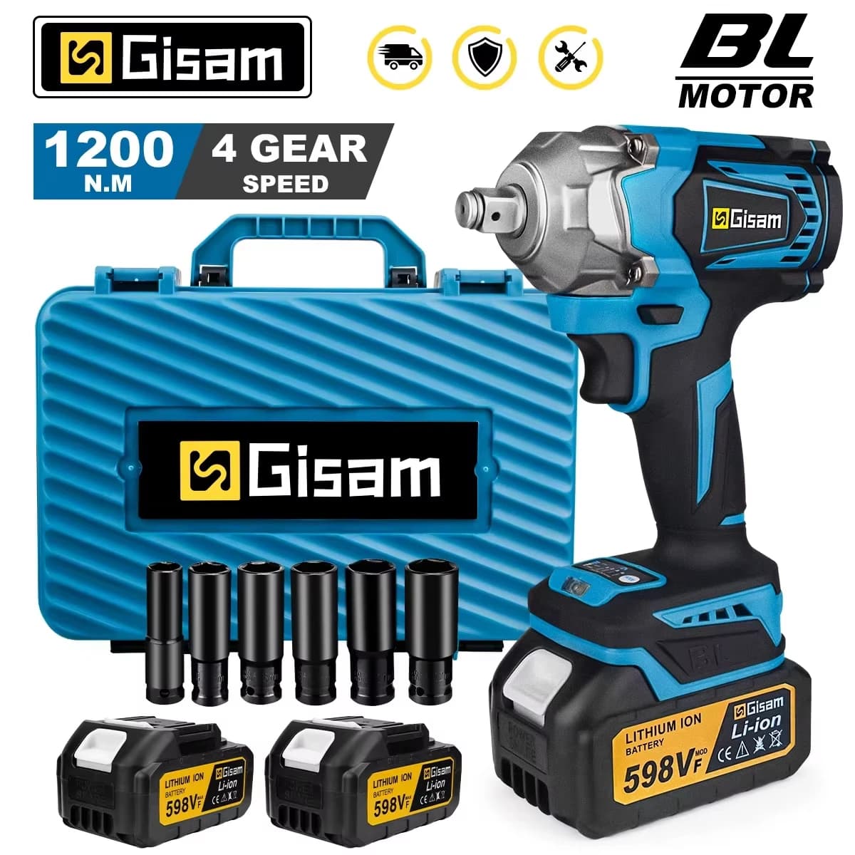 Gismis-llave de impacto eléctrica sin escobillas, Torque de 1200N.M, destornillador inalámbrico de 1/2 pulgadas, herramienta eléctrica para Pin de batería Makita de 18V