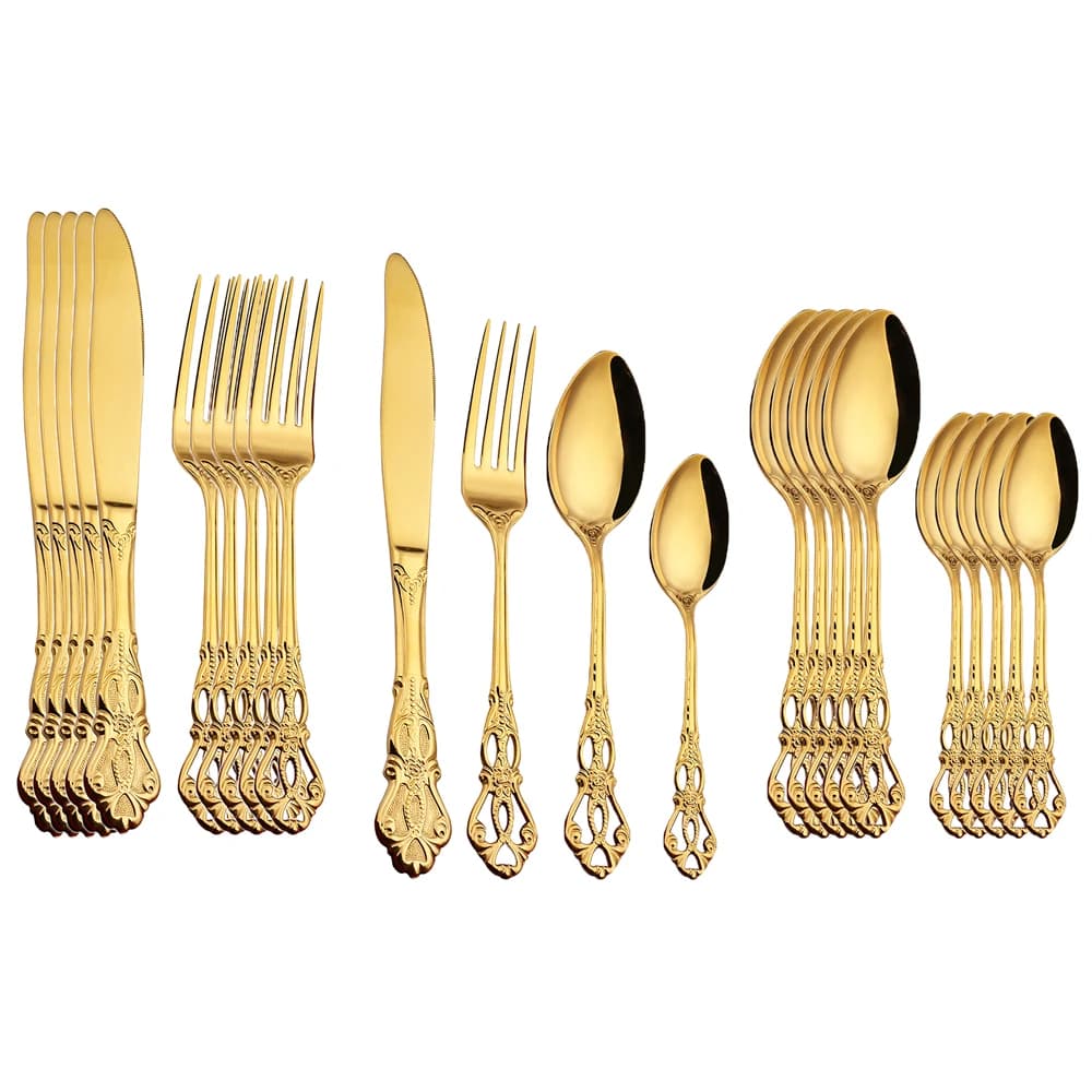 Juego de cubiertos de acero inoxidable, vajilla dorada de 24 piezas, cuchara real, tenedores, cuchillos, cocina occidental, vajilla de cena, regalo