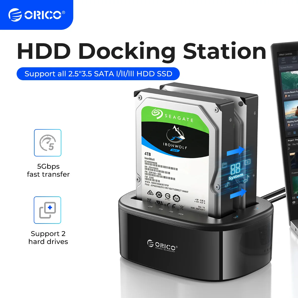 ORICO-estación de acoplamiento para disco duro de 2,5/3,5 pulgadas, estación de acoplamiento para HDD SSD SATA a USB 3,0 HDD con adaptador de corriente 12V3A