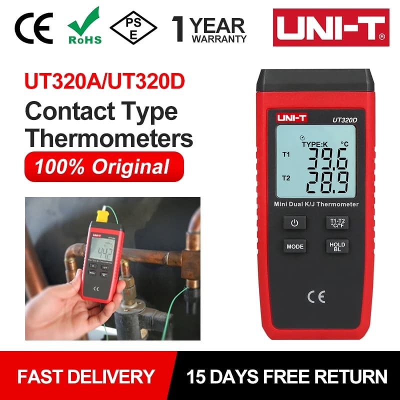 Termómetro Digital UNI-T UT320A UT320D Mini, medidor de temperatura de doble canal K/J, retroiluminación LCD, termostato de retención de datos