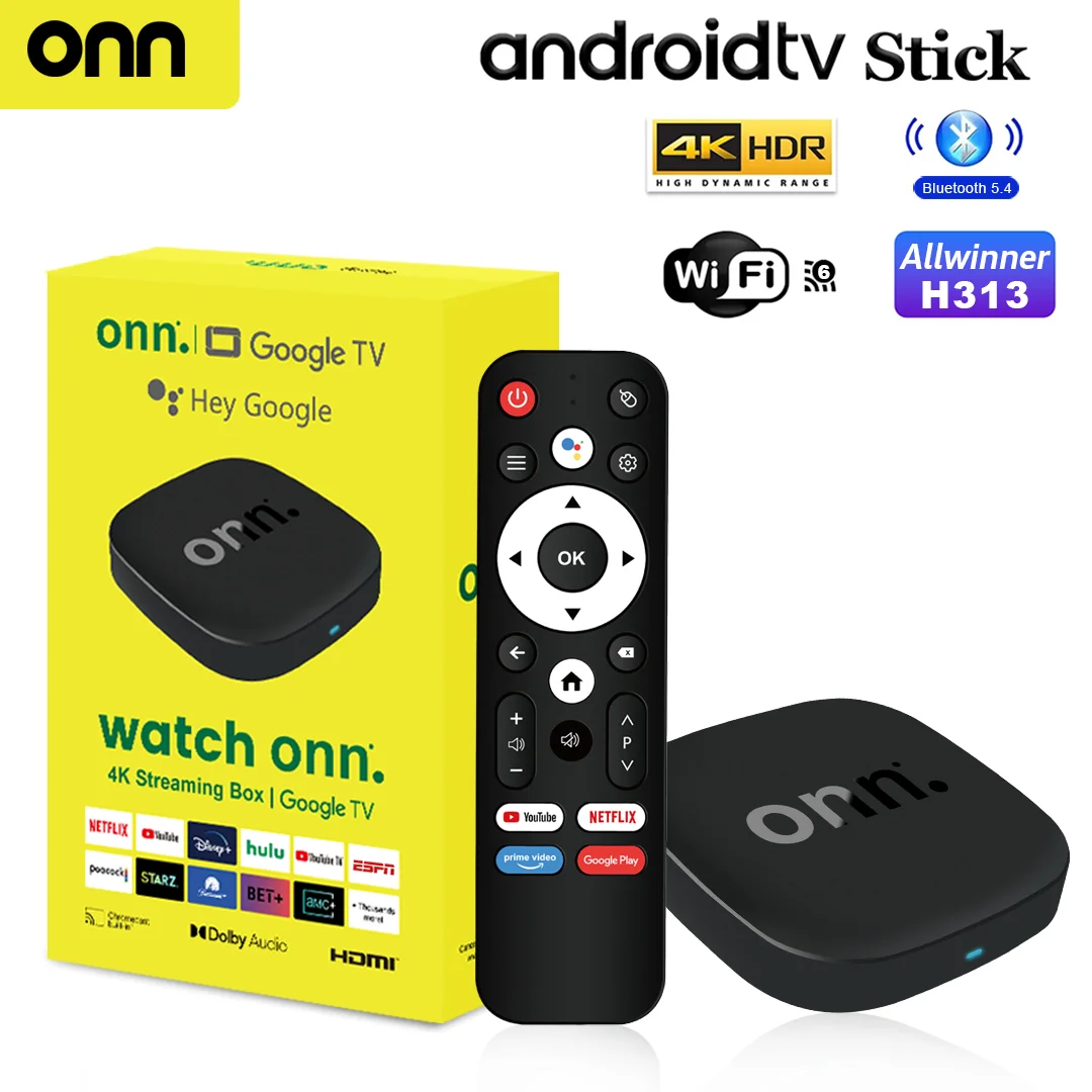 Onn 4K Android 13 Smart TV Box 4K Quad Core Set-Top Box Conectividad 5G 8GB 128G Control Remoto por Voz para Reproductor de Medios en Streaming