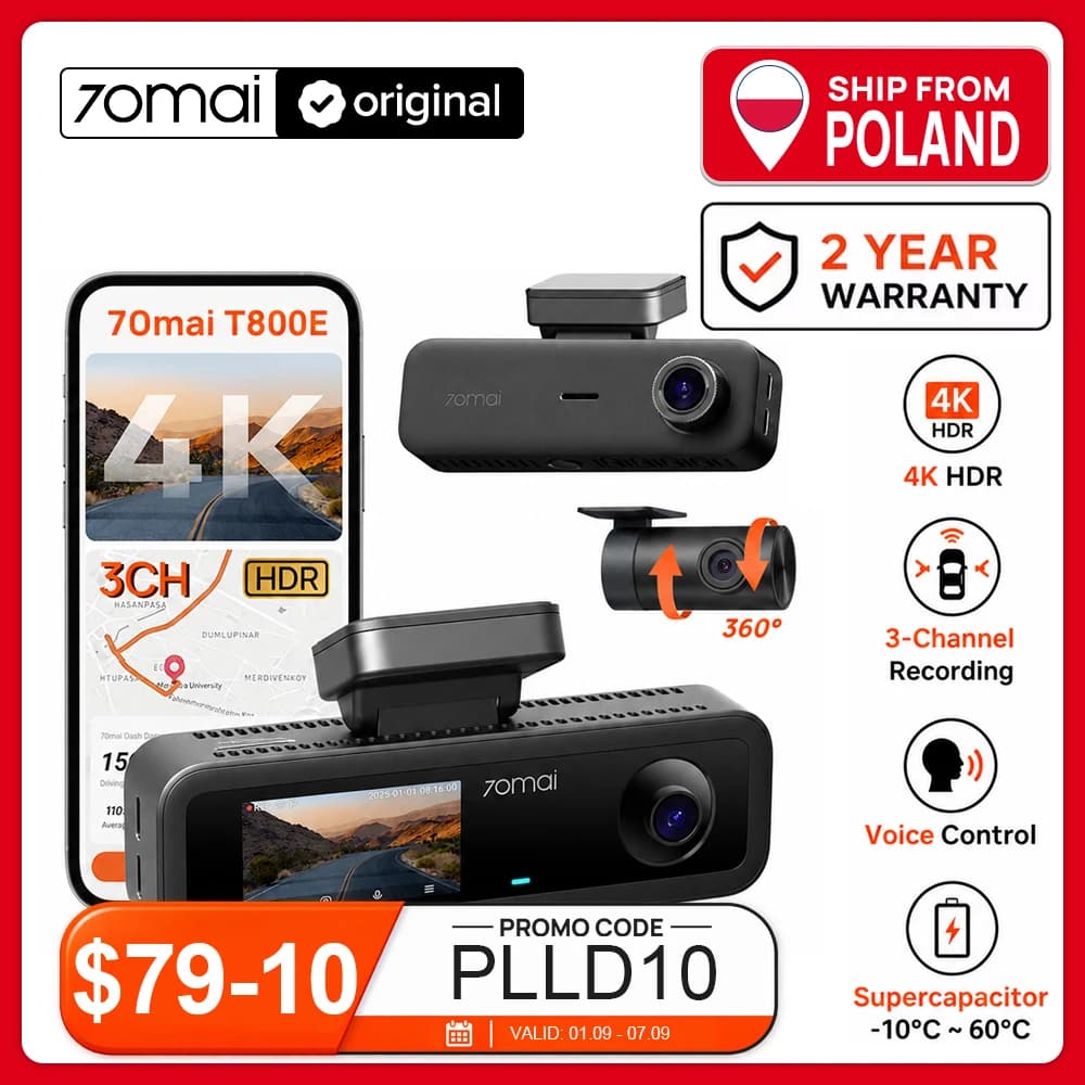 Cámara para Auto 70mai Dash Cam 4K T800E de 3 Canales (Frontal, Trasera e Interior) 3 en 1 con Control por Voz, Monitoreo de Estacionamiento 24H, Supercondensador, GPS y Cámara Trasera 1080P Tres cámaras, GPS y Wi-Fi