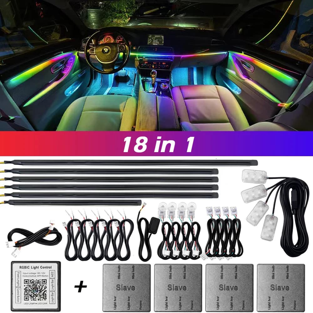 Streamer sinfónico de doble zona 18 en 1, luz ambiental para coche, LED Interior a todo Color, RGB, tira acrílica de neón, Kit de iluminación de ambiente, aplicación