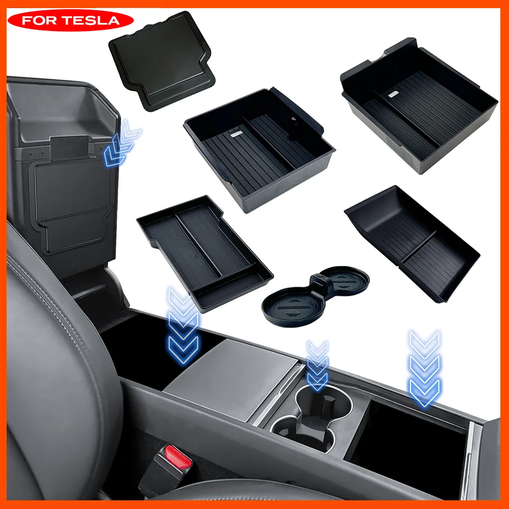 Para Tesla Nuevo Modelo Y Launch Juniper, ABS con tapete antideslizante de silicona, caja de almacenamiento para consola y reposabrazos, portavasos superior e inferior
