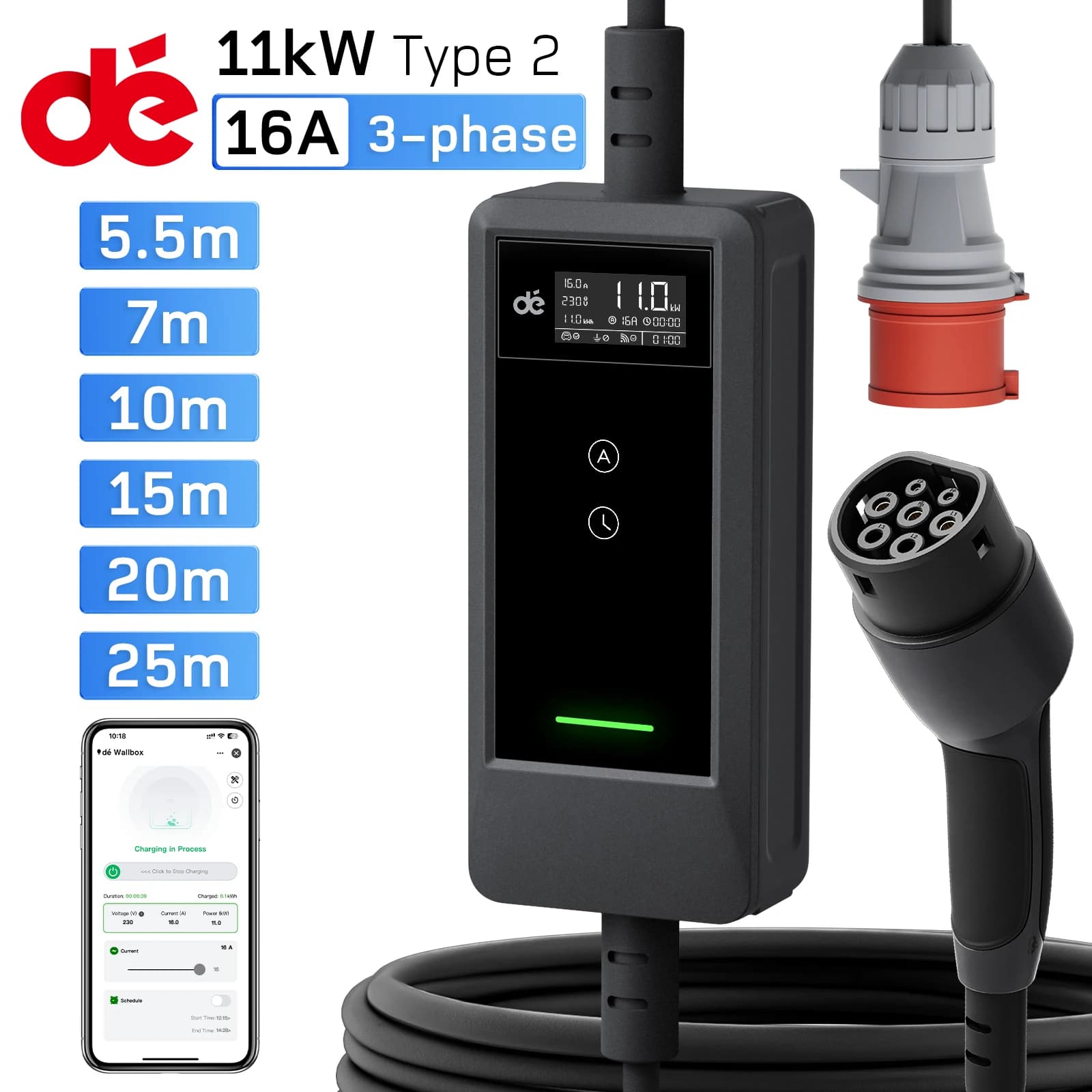 dé Cargador para Vehículos Eléctricos Tipo 2 de 11kW con APP, 16A, Trifásico, Cable de Carga de 5.5m, 7m, 10m, 15m, 20m, 25m, Enchufe CEE a Tipo 2, con Corriente Ajustable, Estación de Carga Portátil