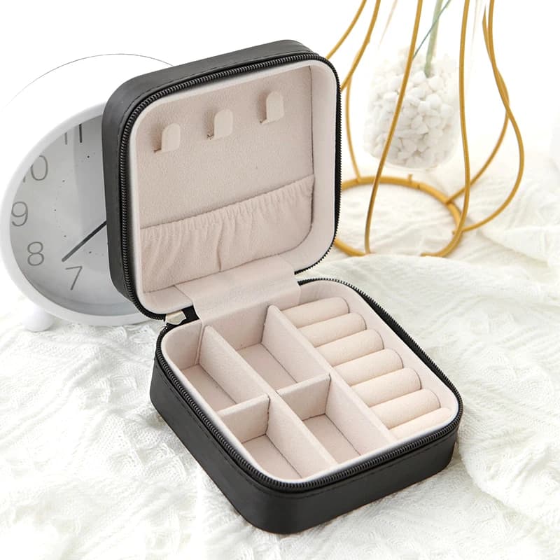 Caja de almacenamiento de una sola capa, caja de joyería de cuero para viaje para mujer, caja de almacenamiento de moda rosa de color negro puro clásico