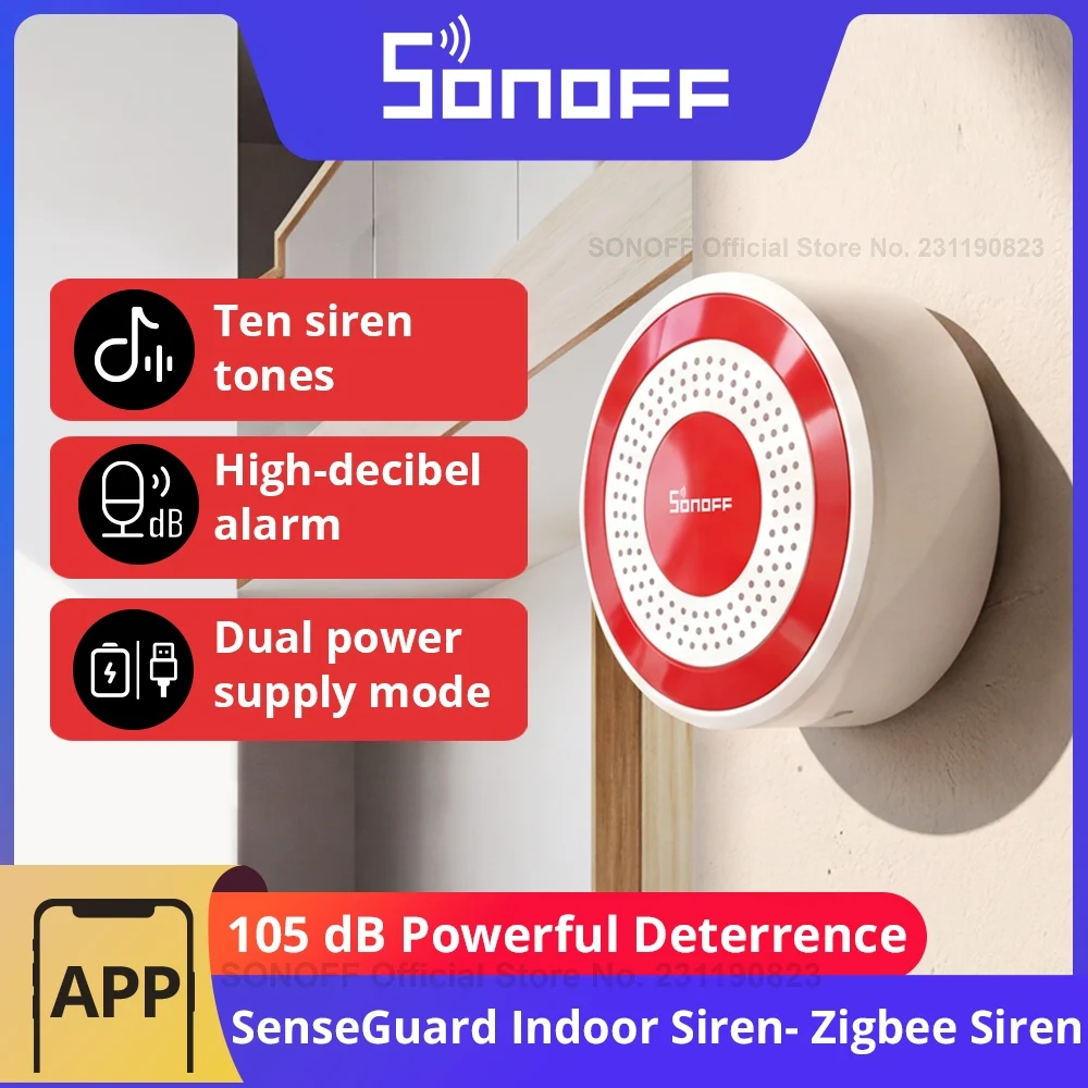 SONOFF SNZB-09P Zigbee SenseGuard Sirena Interior, Alarma Sonora de 105dB y Alertas de Luz Roja, Alimentación Dual USB y Batería de Respaldo