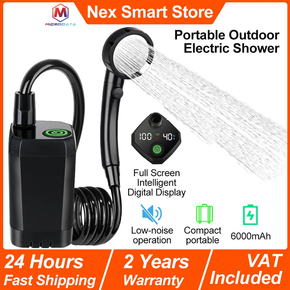 Ducha eléctrica portátil para exteriores, ducha de acampada de 6000mAh, pantalla Digital inteligente de pantalla completa recargable para acampar y hacer senderismo