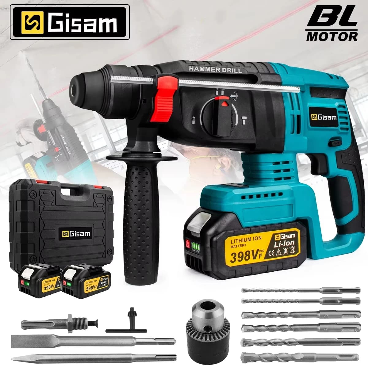 Gismis-taladro de Martillo eléctrico sin escobillas, martillo rotativo multifuncional, Taladro de impacto inalámbrico para Pin de batería Makita de 18V, 26mm