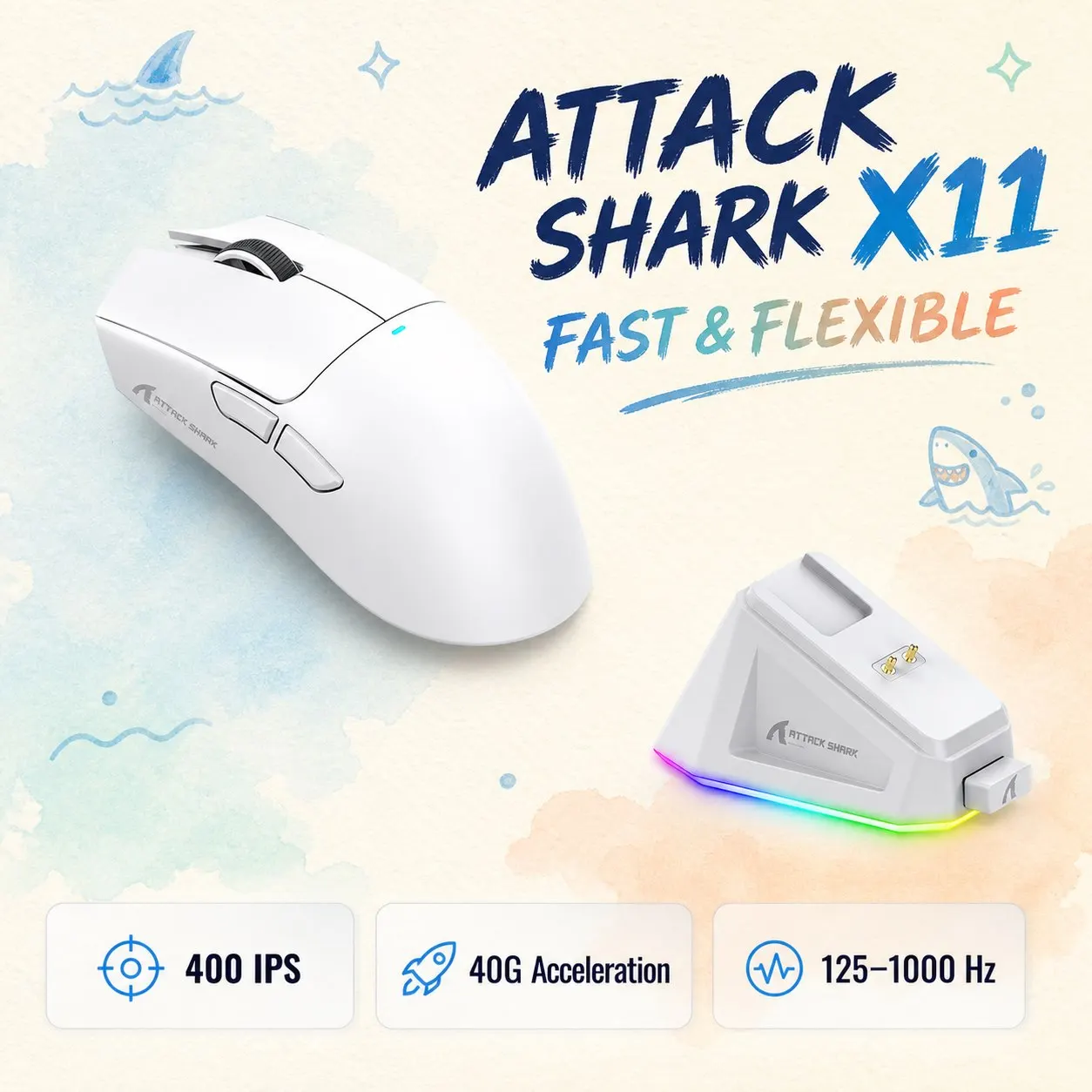 Ratón para Juegos ATTACK SHARK X11 Tri-Mode Ligero con PAW3311, 22000 DPI, 400 IPS, 40G, 59g, Carga Rápida Magnética, Retroiluminación RGB