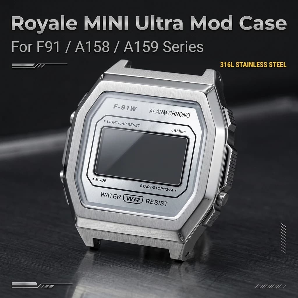 Carcasa Royale Ultra Mod para Reloj CASIO F-91/A158/A159, Acero Inoxidable 316L, Pulido Mineral K1, Acabado Mate, Kits de Esfera Sunray