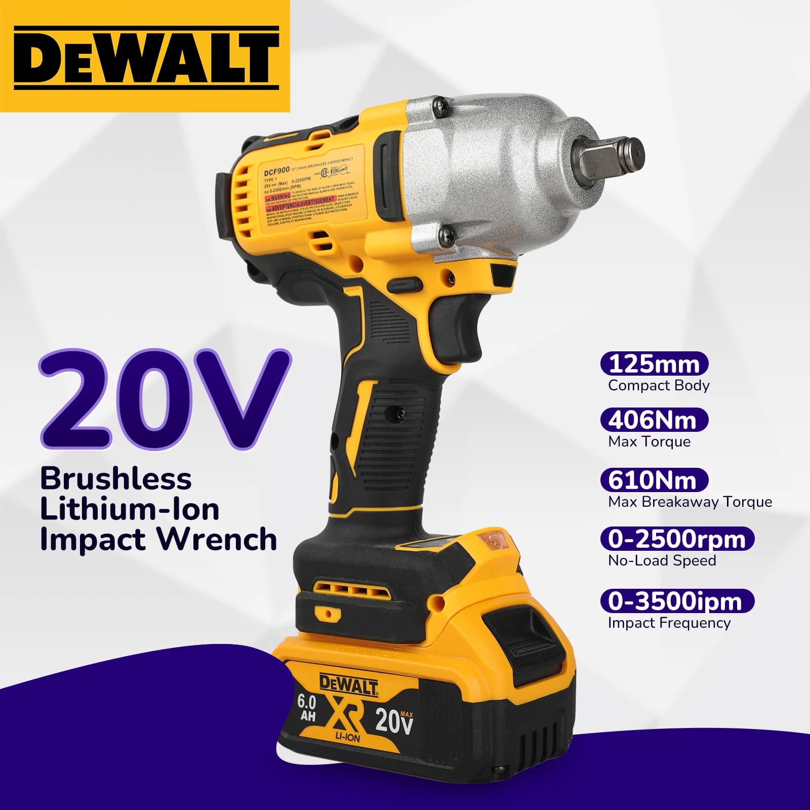 DeWalt DCF900 Llave de impacto eléctrica sin escobillas de alto par de 20 V, duradera eléctrica para herramienta desnuda profesional