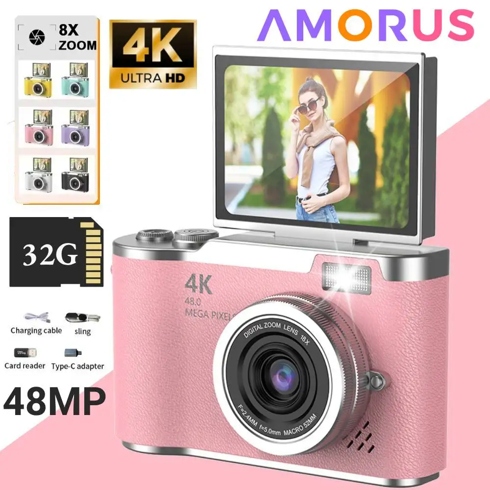 Cámara Digital 4K con Filtros de Belleza, 48MP HD, Cámara CCD para Estudiantes, CMOS Antivibración 180 °   Cámara Selfie con Pantalla Giratoria para Niños y Adultos, Regalo