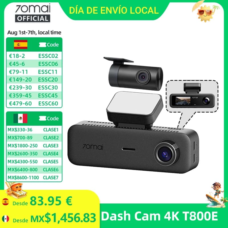 70mai T800E Grabador de 3 Canales: Frontal 4K + Trasero 1080p + Interior 1080p HDR, Supercondensador, Estacionamiento 24H, GPS, WiFi 6, Control por Voz