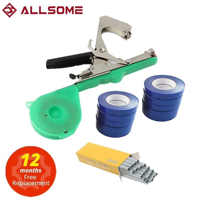 ALLSOME – Máquina para atar plantas de jardín y 10 rollos de cinta, tapenador para jardín con 10 rollos de cinta para pimienta, vegetales, verduras, frutas, plantas florales