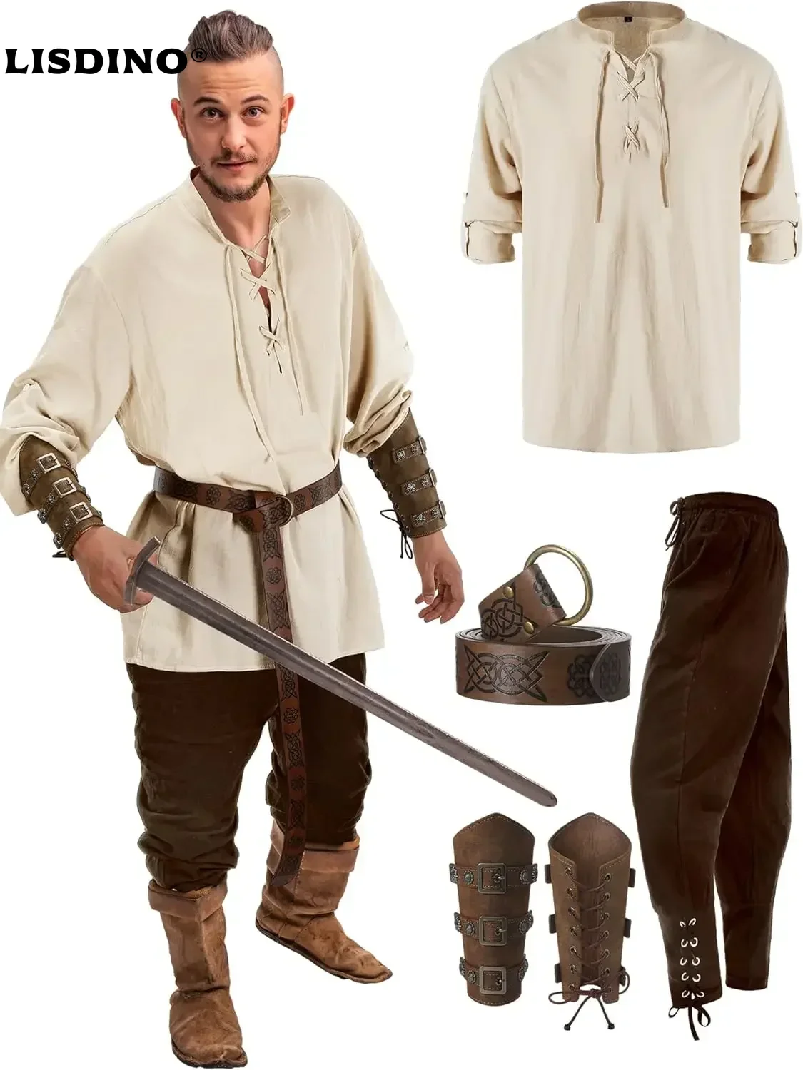Conjunto de disfraz renacentista de Halloween para hombre, camisa de pirata Medieval, pantalones con banda en el tobillo, accesorios de cinturón vikingo, 4 Uds.