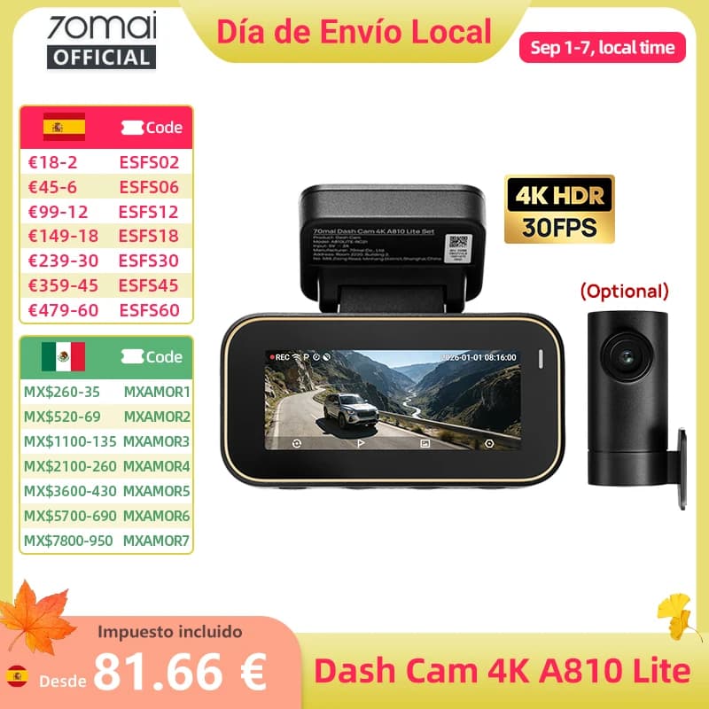 Cámara para Auto 70mai Dash Cam A810 Lite 4K HDR + 1080P, Supercondensador, 4G LTE, Control Remoto, Wi-Fi 6, GPS, Control por Voz, DVR para Auto 70mai A810 Lite