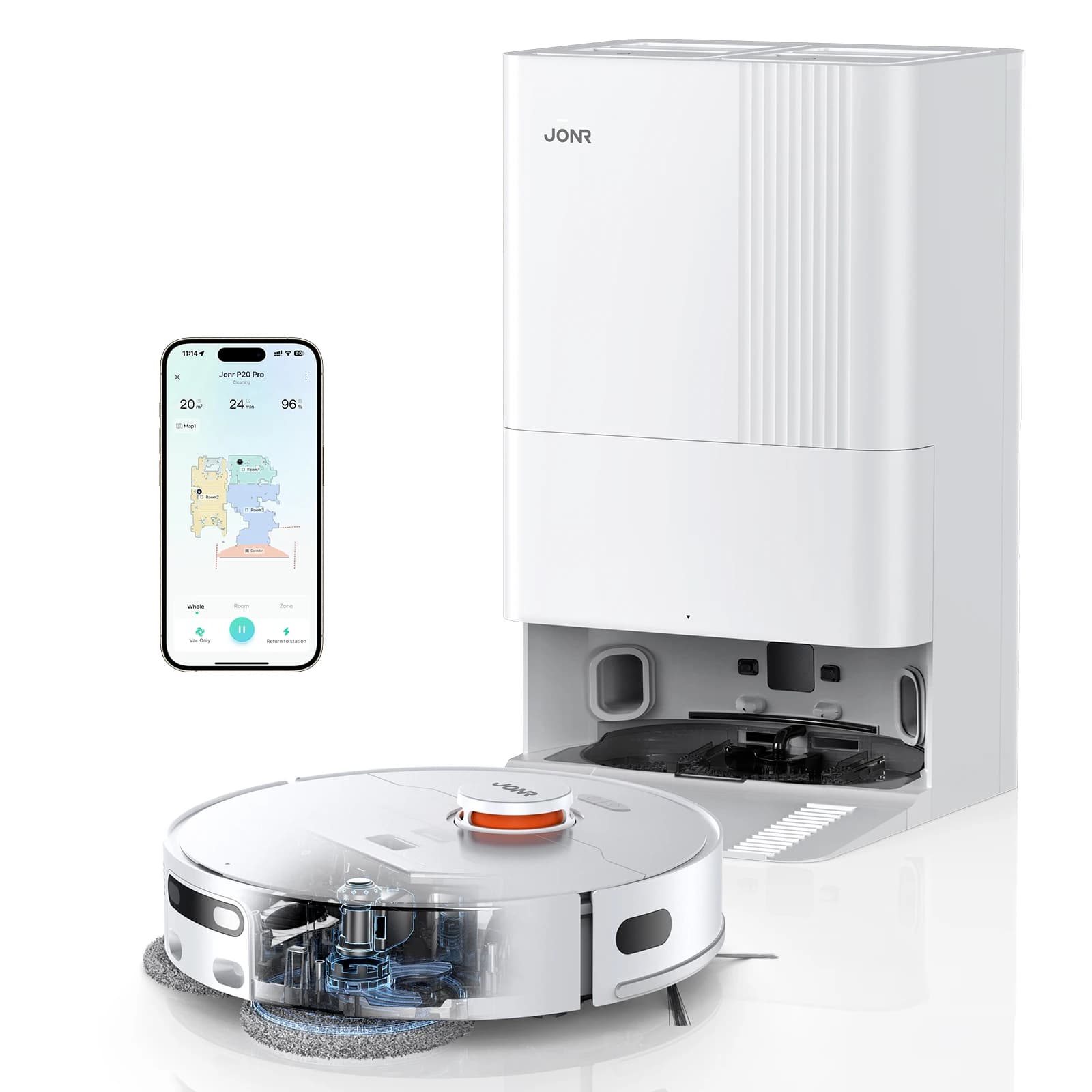 Robot aspirador JONR P20 Pro, edición internacional, fregado, secado al vacío, toallitas, limpieza automática, recolección de polvo, drenaje de agua