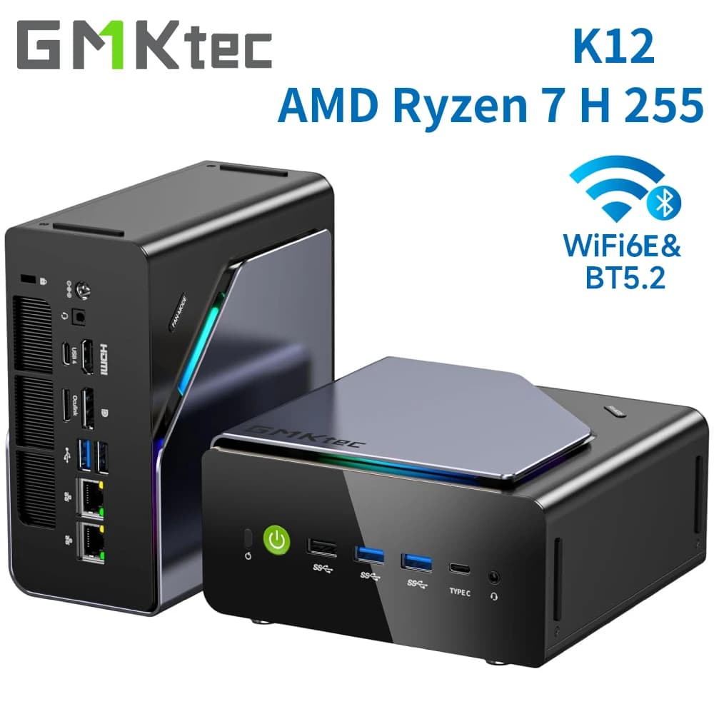 GMKtec K12 Mini PC para juegos AMD Ryzen 7 H 255 (actualizado 8745HS) Mini computadoras de escritorio Radeon 780M WiFi 6E/BT5.2, USB-C, Barebone
