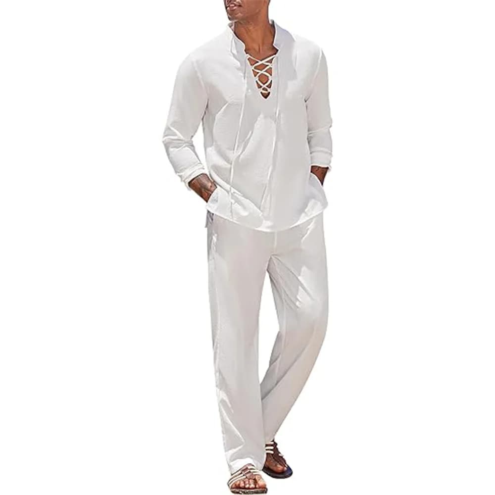 Conjunto de 2 uds de camisa y pantalones de lino y algodón para hombre, trajes para hombre, ropa de playa, chándal, camisas de Color sólido, pantalones de chándal, vacaciones hawaianas