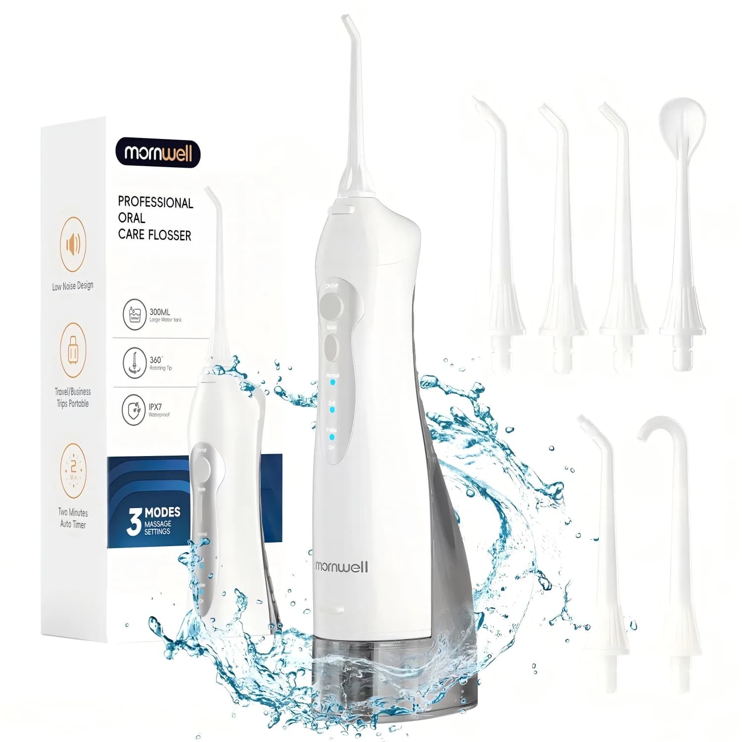 Irrigador Bucal Mornwell con 6 Boquillas y 3 Modos, Irrigador Dental Inalámbrico Portátil D52, Limpiador de Dientes con Resistencia al Agua IPX7