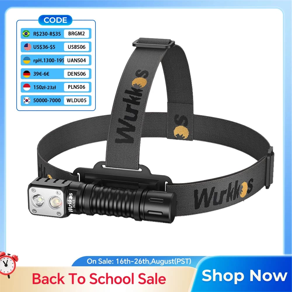 Linterna Frontal Wurkkos HD15 Recargable 18650, 2000lm, LED Dual TN-3535+SST20, Carga Inversa USB, Cola Magnética, para Senderismo