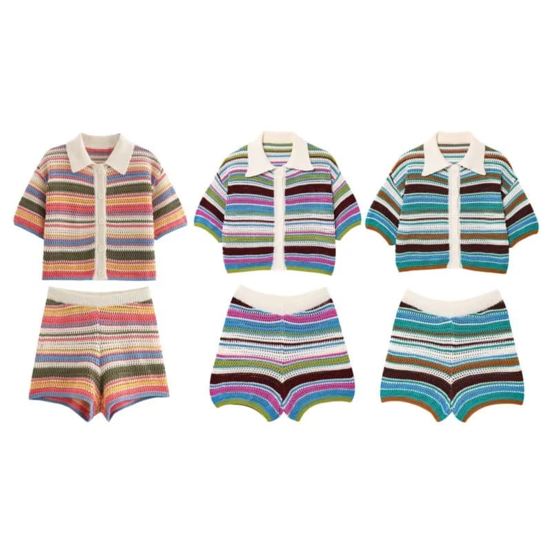 Conjunto de suéter corto de punto de ganchillo calado a rayas de retales para mujer, conjunto de pantalones cortos de manga corta con cuello tipo Polo, suéter, pantalones cortos de punto, traje Y2K