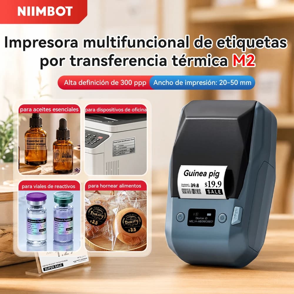 Impresora de Etiquetas de Transferencia Térmica Niimbot M2, 300 DPI, Alta Definición, Inalámbrica, Ancho de Impresión de 20-50 mm, Compatible con Teléfono/PC