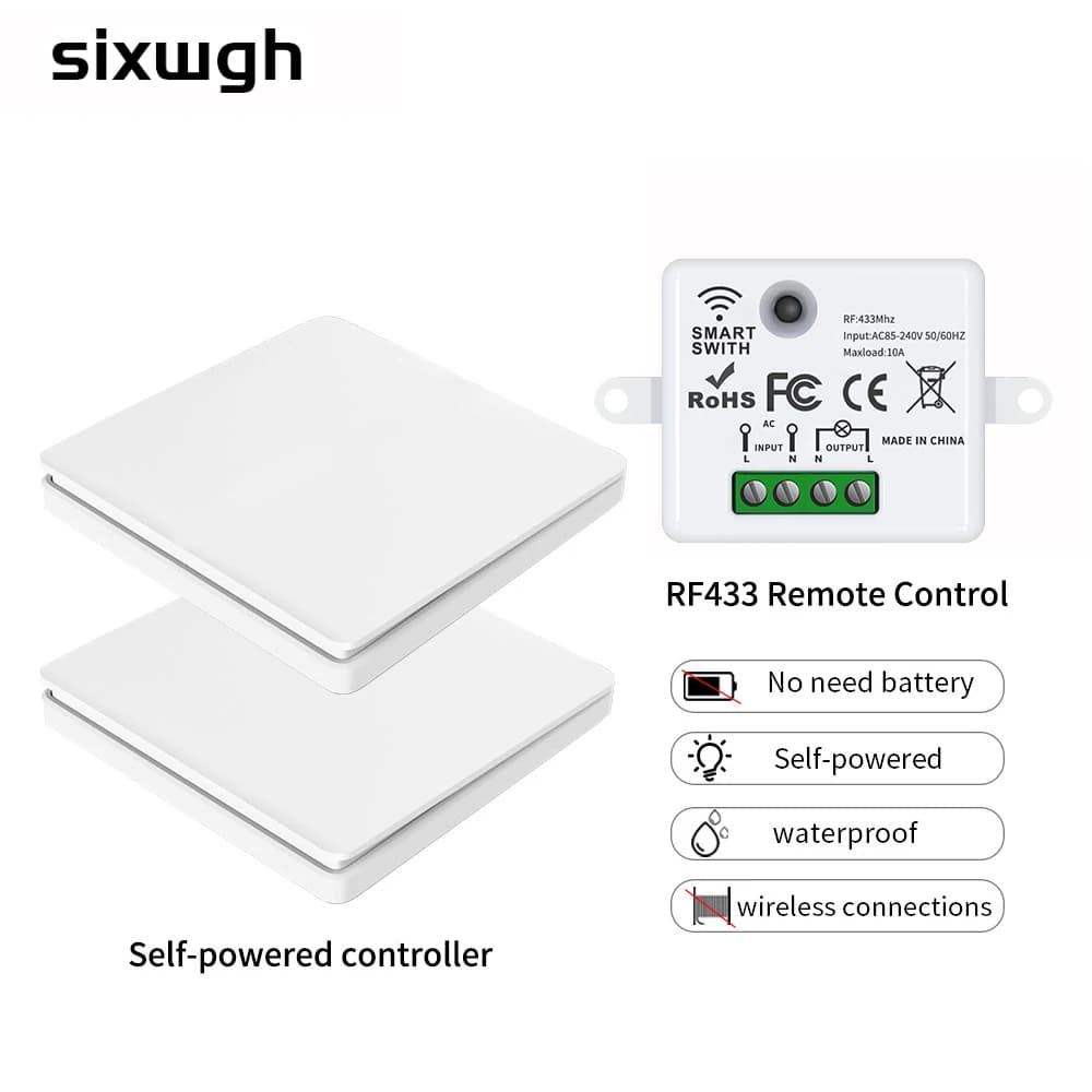 Sixwgh Interruptor Inteligente Inalámbrico de Pared, Pulsador Autoalimentado, Panel con Botón, Llave de Luz, Control Remoto, Impermeable, Radiofrecuencia, 433Mhz