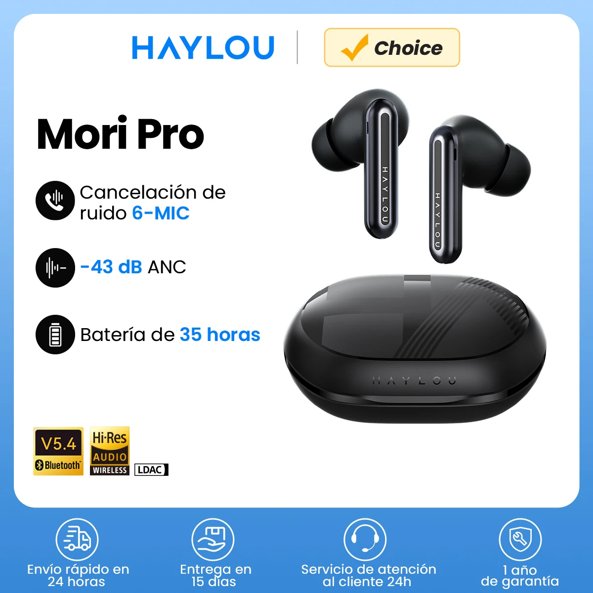 HAYLOU Mori Pro Bluetooth 5,4 auriculares inalámbricos 43dB adaptables híbridos ANC auriculares LDAC de alta resolución 6 micrófonos 28H de duración de la batería