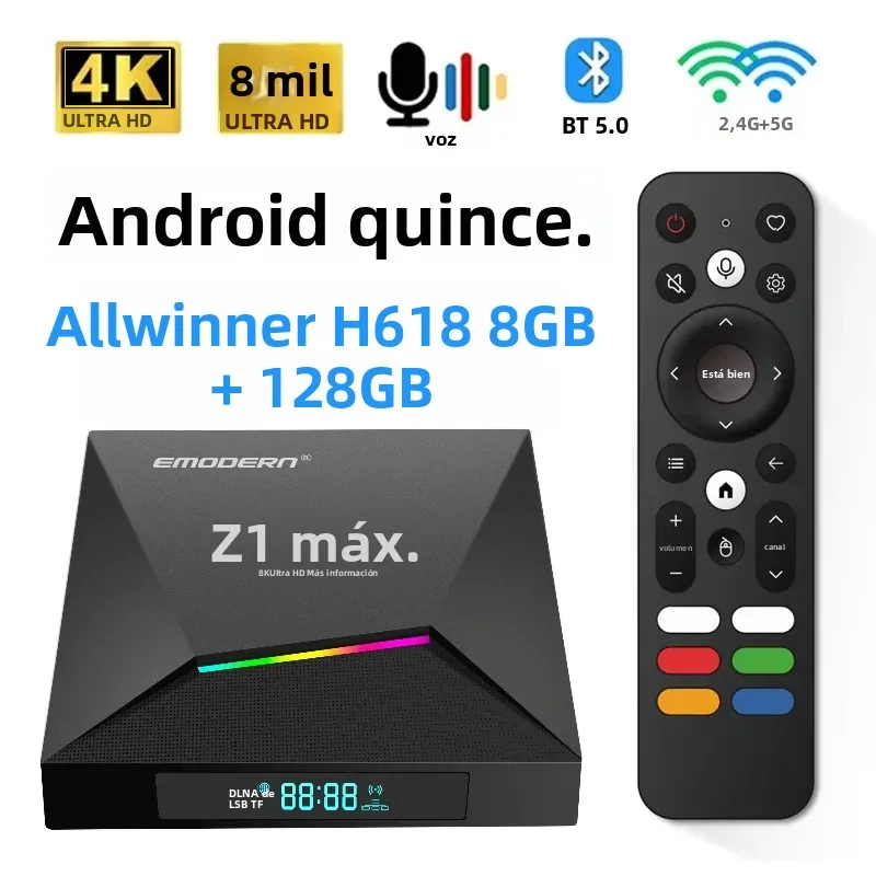 TV Box Z1 Max con Android 15, IPTV, Allwinner H618 Quad Core, 4G, 5G, WiFi Dual, HD 8K, 4K, Reproductor Multimedia, BT 5.0, Compatible con Control Remoto por Voz