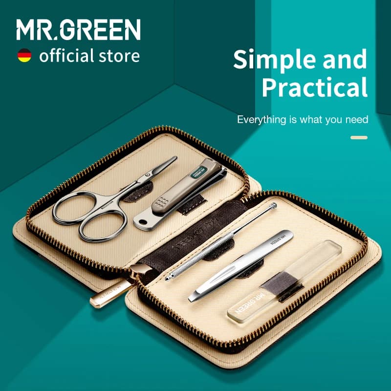 Set de Manicura MR.GREEN 5 en 1, Kit Simple y Práctico, Estuche de Cuero en Contraste, Cortaúñas de Acero Inoxidable, Herramienta de Cuidado Personal